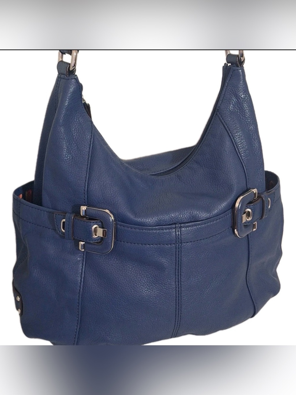 Tignanello Navy Blue Pebbled Leather Shoulder Hobo Bag. Lots of pockets